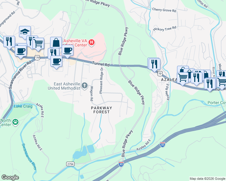 map of restaurants, bars, coffee shops, grocery stores, and more near 11 Looking Glass Lane in Asheville