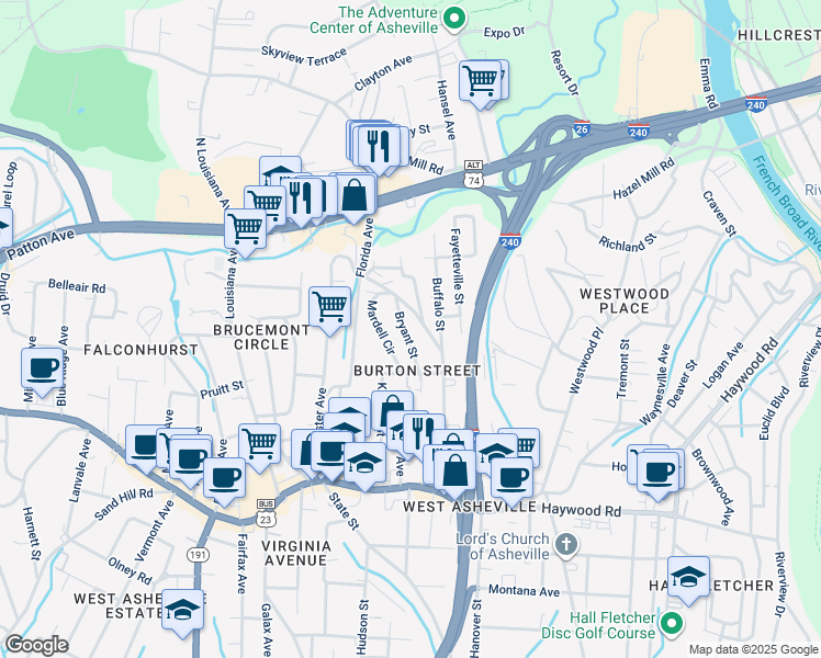 map of restaurants, bars, coffee shops, grocery stores, and more near 21 Mardell Circle in Asheville