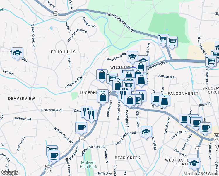 map of restaurants, bars, coffee shops, grocery stores, and more near 1375 Patton Avenue in Asheville