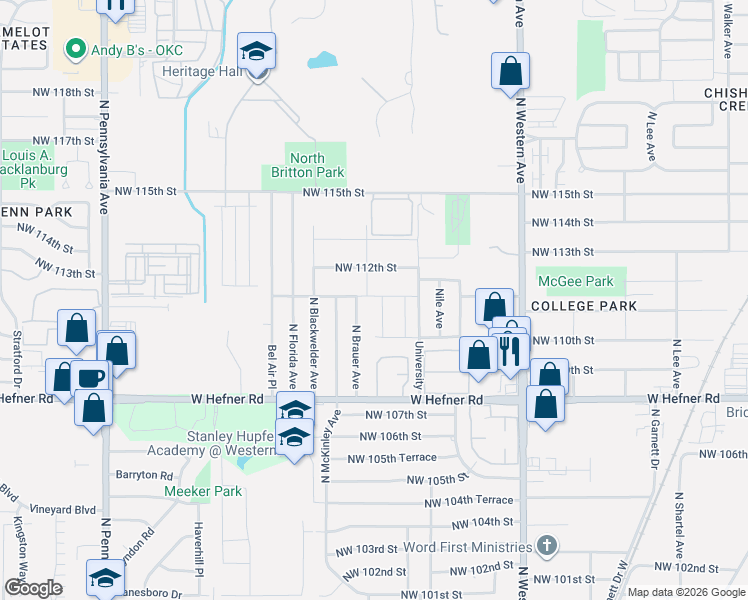 map of restaurants, bars, coffee shops, grocery stores, and more near 1214 Howard Drive in Oklahoma City