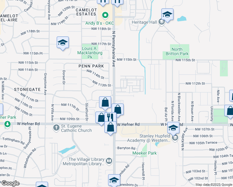 map of restaurants, bars, coffee shops, grocery stores, and more near 11211 North Pennsylvania Avenue in Oklahoma City