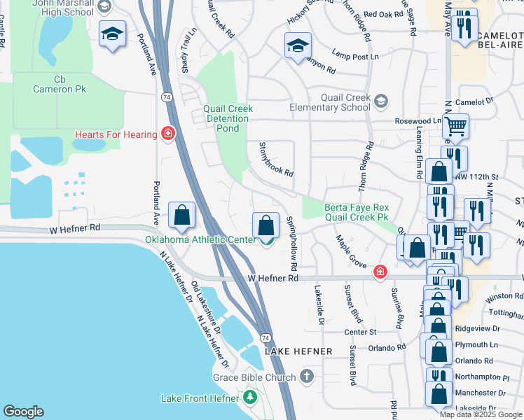 map of restaurants, bars, coffee shops, grocery stores, and more near 11119 Springhollow Road in Oklahoma City