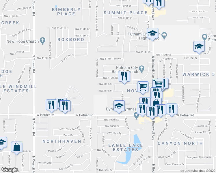 map of restaurants, bars, coffee shops, grocery stores, and more near 7404 Northwest 111th Street in Oklahoma City