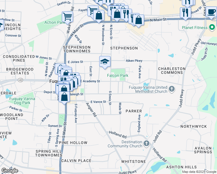 map of restaurants, bars, coffee shops, grocery stores, and more near 419 Raleigh Street in Fuquay-Varina