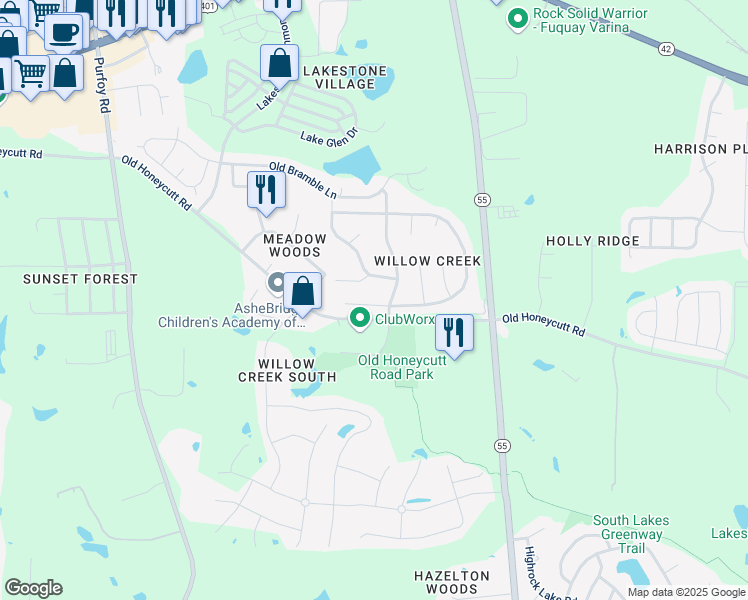 map of restaurants, bars, coffee shops, grocery stores, and more near 1749 East Ridge Heights Drive in Fuquay-Varina