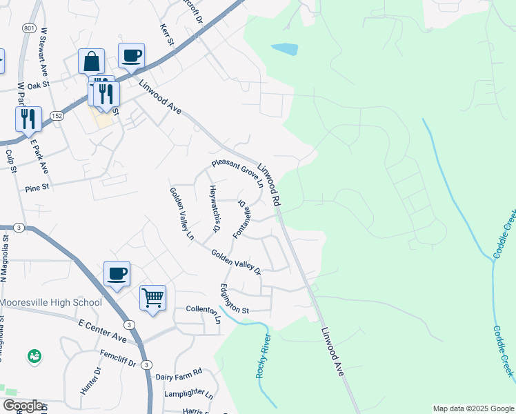 map of restaurants, bars, coffee shops, grocery stores, and more near 108 Pleasant Grove Lane in Mooresville