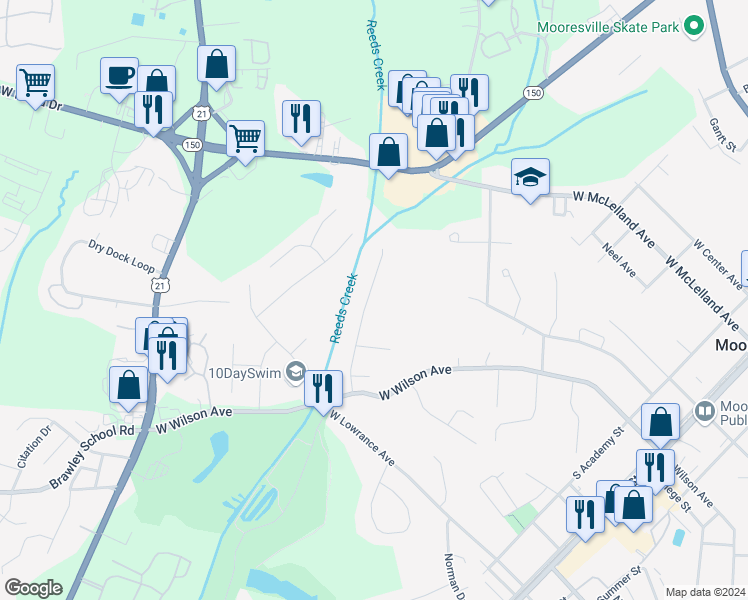 map of restaurants, bars, coffee shops, grocery stores, and more near 178 Bradford Glyn Drive in Mooresville