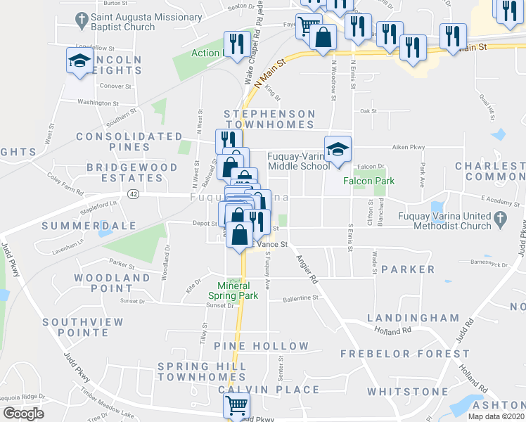 map of restaurants, bars, coffee shops, grocery stores, and more near 90 South Fuquay Avenue in Fuquay Varina