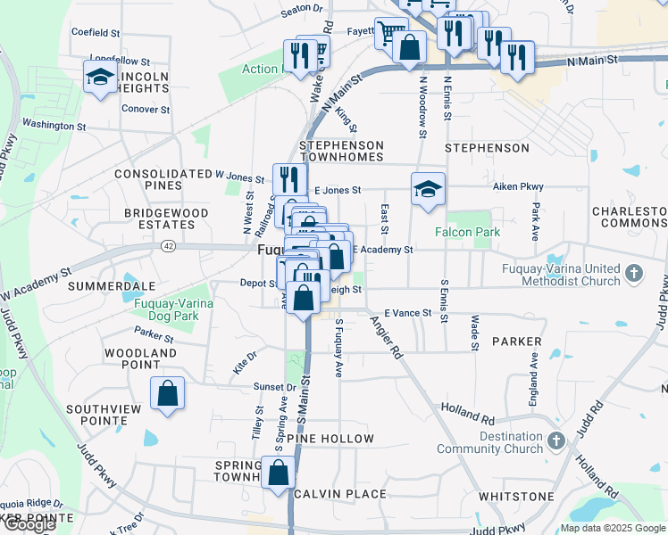 map of restaurants, bars, coffee shops, grocery stores, and more near 108 South Fuquay Avenue in Fuquay Varina