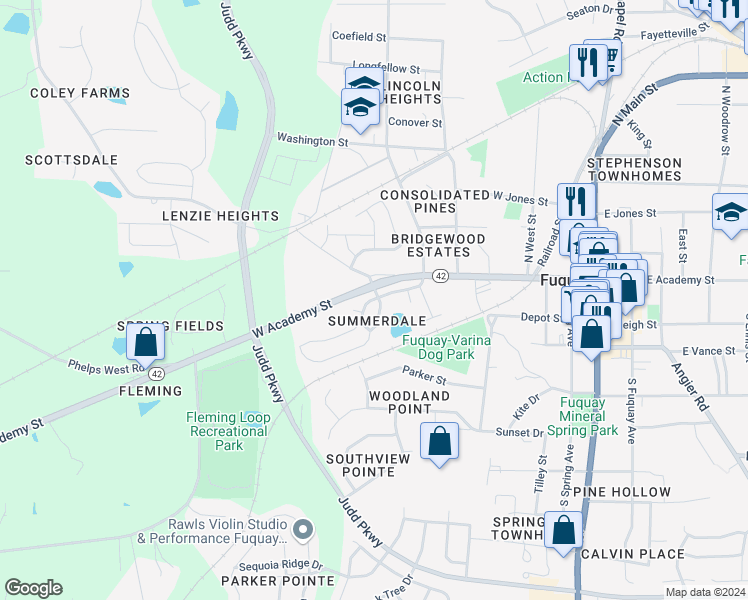 map of restaurants, bars, coffee shops, grocery stores, and more near 512 Stapleford Lane in Fuquay Varina