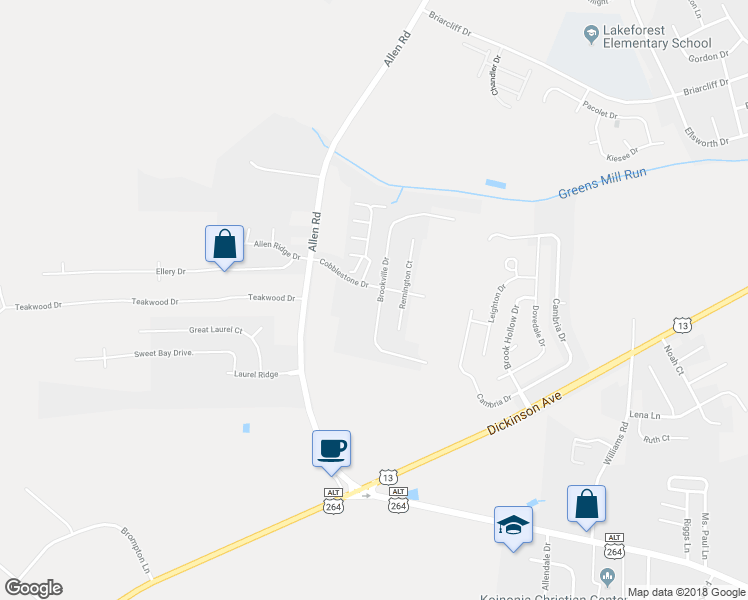 map of restaurants, bars, coffee shops, grocery stores, and more near 2204 Brookville Drive in Greenville