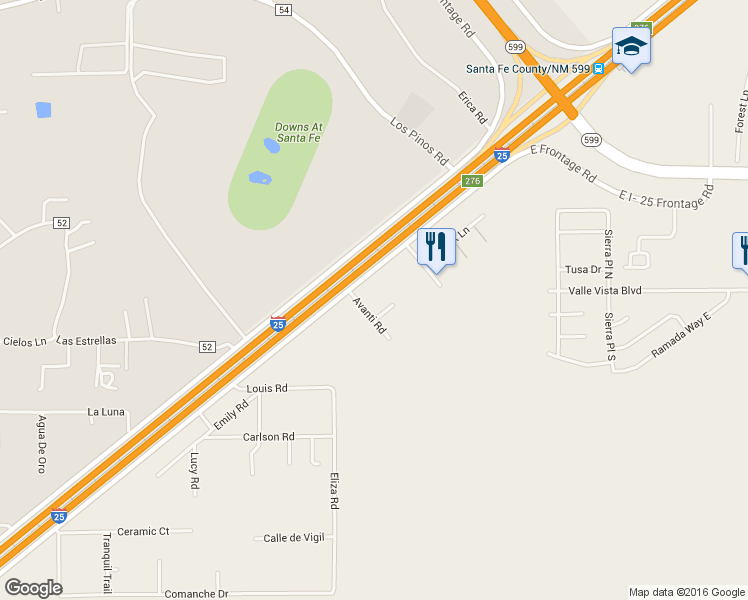 map of restaurants, bars, coffee shops, grocery stores, and more near Avanti Road in Santa Fe