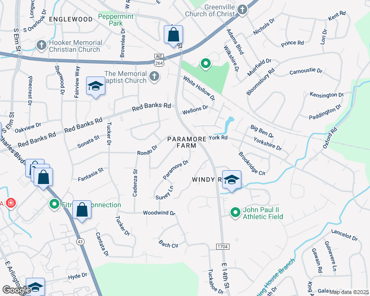 map of restaurants, bars, coffee shops, grocery stores, and more near 1703 Paramore Drive in Greenville