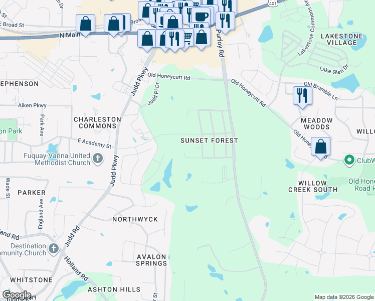 map of restaurants, bars, coffee shops, grocery stores, and more near 1308 East Stonemason Drive in Fuquay-Varina