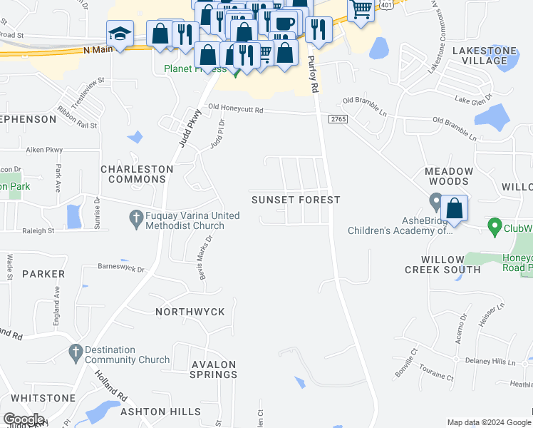 map of restaurants, bars, coffee shops, grocery stores, and more near 1309 East Stonemason Drive in Fuquay Varina