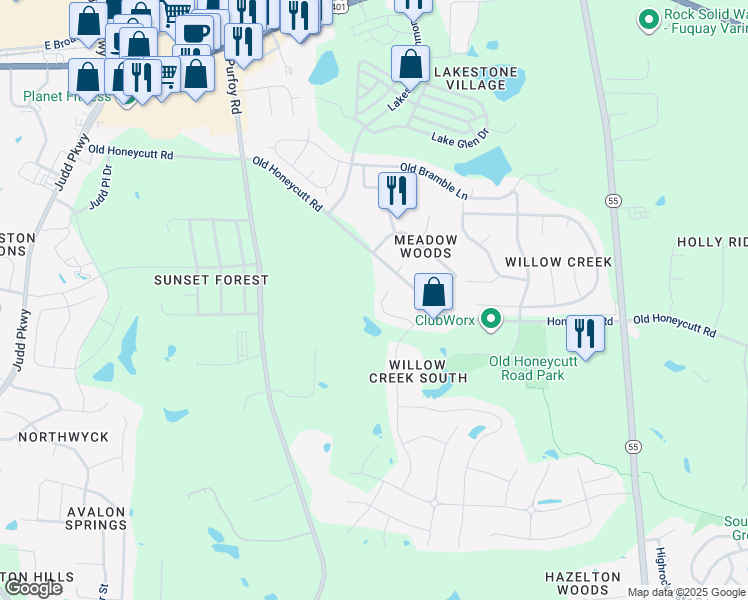 map of restaurants, bars, coffee shops, grocery stores, and more near 1620 Southcross Street in Fuquay-Varina
