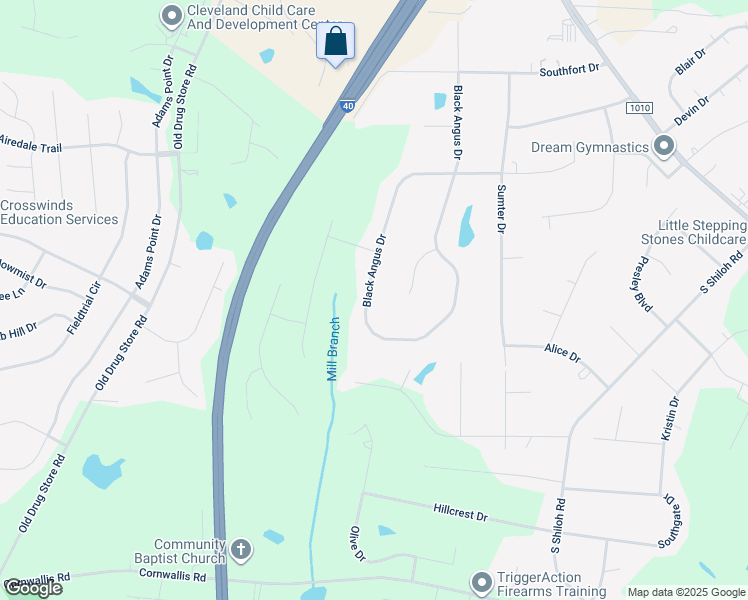 map of restaurants, bars, coffee shops, grocery stores, and more near 934 Black Angus Drive in Garner