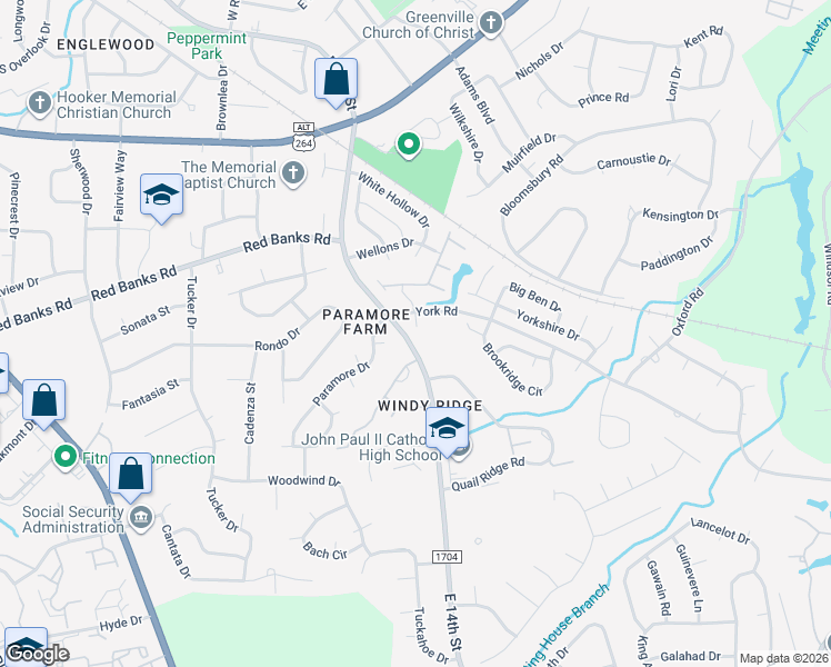 map of restaurants, bars, coffee shops, grocery stores, and more near 2404 King Richard Court in Greenville