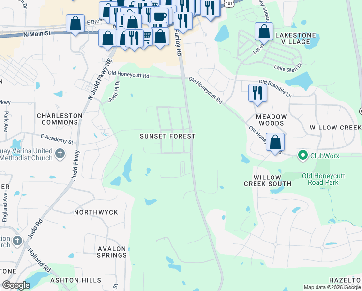 map of restaurants, bars, coffee shops, grocery stores, and more near 1412 East Stonemason Drive in Fuquay-Varina