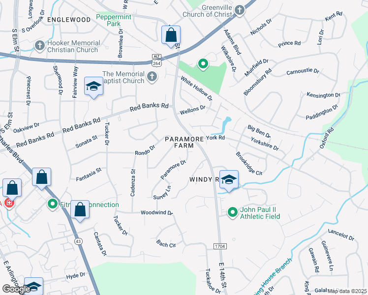 map of restaurants, bars, coffee shops, grocery stores, and more near 1703 Paramore Drive in Greenville