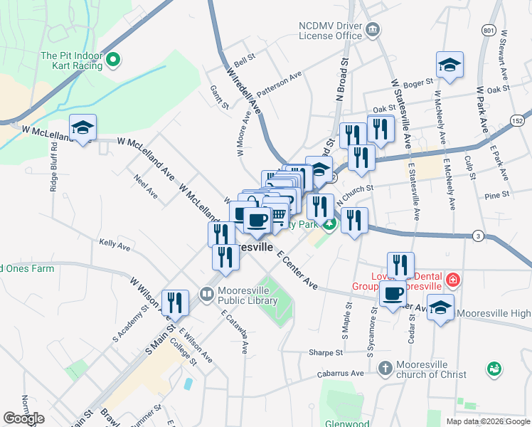 map of restaurants, bars, coffee shops, grocery stores, and more near 126 North Main Street in Mooresville