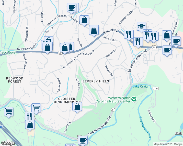 map of restaurants, bars, coffee shops, grocery stores, and more near 11 Canterbury Road in Asheville