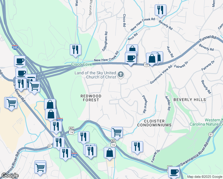 map of restaurants, bars, coffee shops, grocery stores, and more near 7 Violet Hill Circle in Asheville