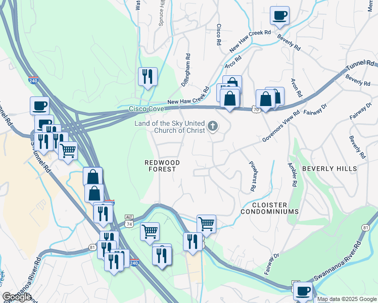 map of restaurants, bars, coffee shops, grocery stores, and more near 34 Crockett Avenue in Asheville