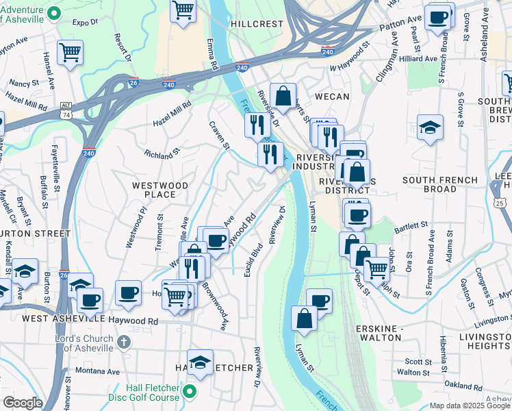 map of restaurants, bars, coffee shops, grocery stores, and more near 12 Riverlink Lane in Asheville