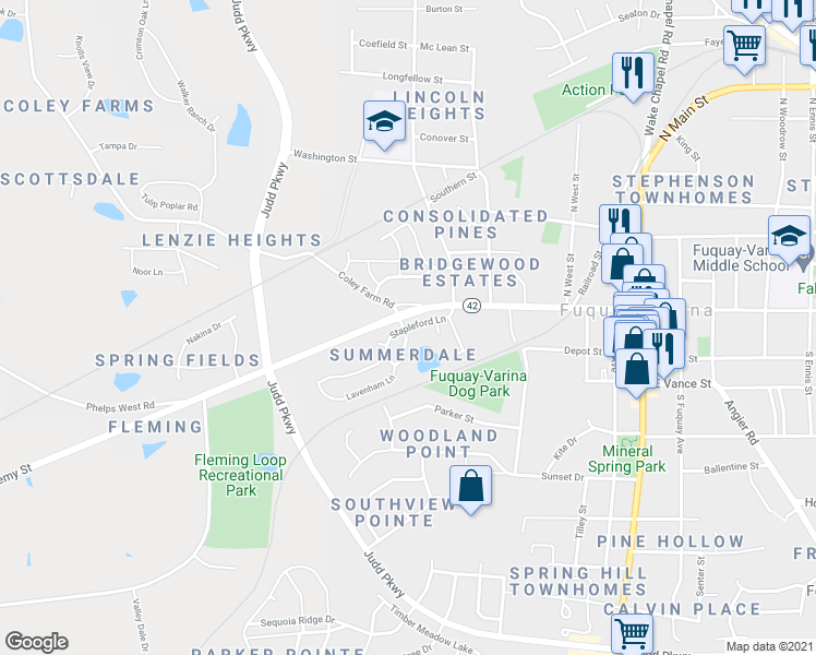 map of restaurants, bars, coffee shops, grocery stores, and more near 525 Stapleford Lane in Fuquay Varina
