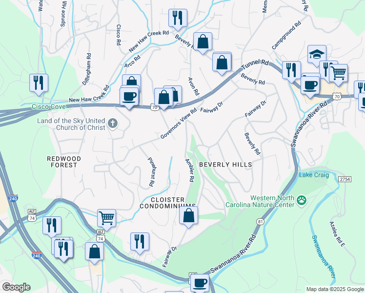 map of restaurants, bars, coffee shops, grocery stores, and more near 99999 Ambler Road in Asheville