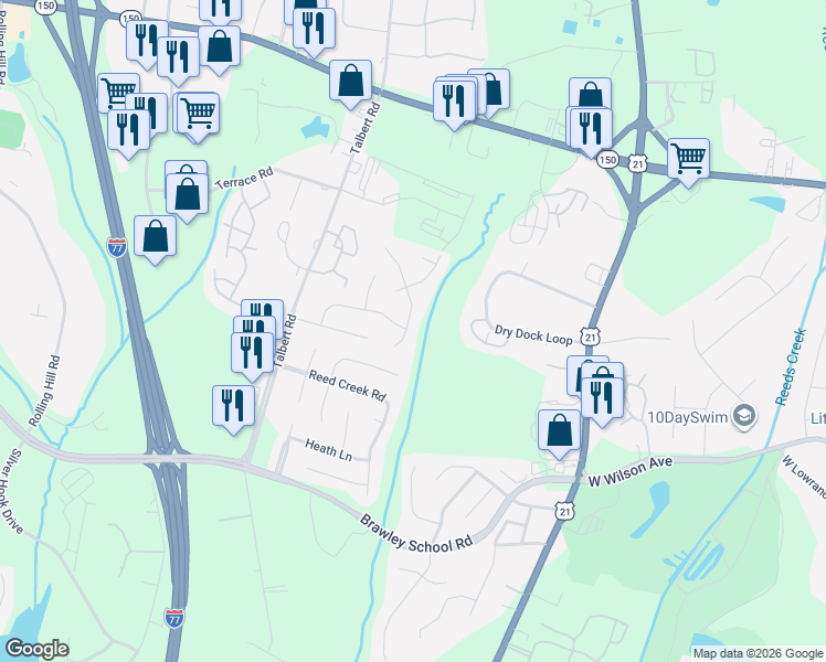 map of restaurants, bars, coffee shops, grocery stores, and more near 129 Easy Street in Mooresville