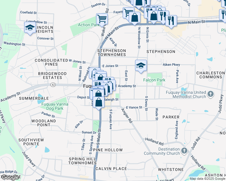 map of restaurants, bars, coffee shops, grocery stores, and more near 115 South Fuquay Avenue in Fuquay Varina