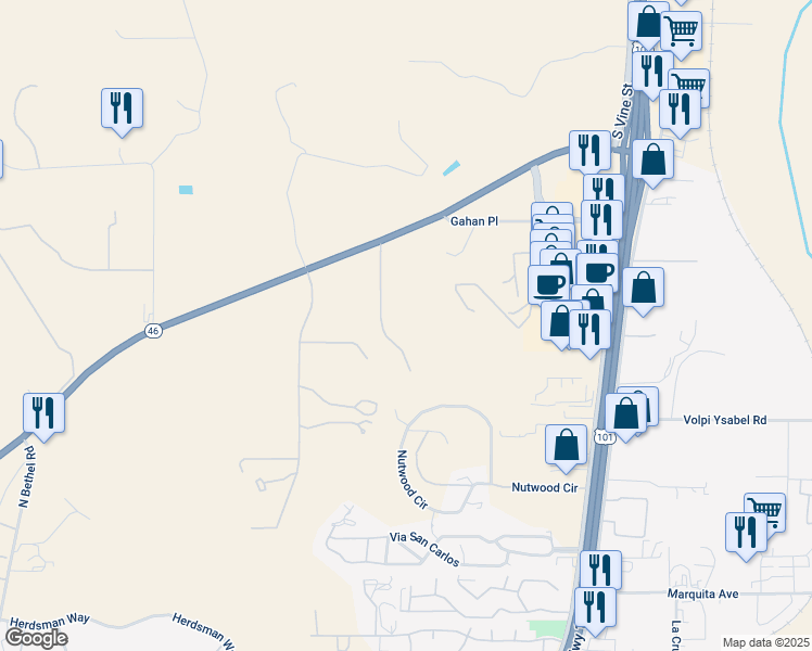 map of restaurants, bars, coffee shops, grocery stores, and more near 2230 Del Sol Place in Paso Robles