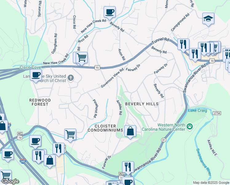 map of restaurants, bars, coffee shops, grocery stores, and more near 99999 Ambler Road in Asheville