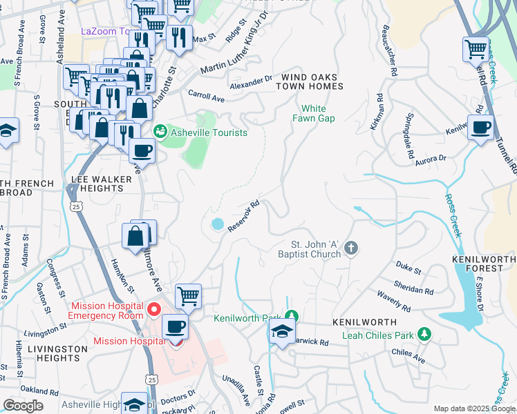 map of restaurants, bars, coffee shops, grocery stores, and more near 26844 Po Box in Asheville