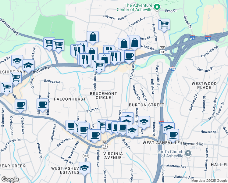 map of restaurants, bars, coffee shops, grocery stores, and more near 16 Oregon Avenue in Asheville