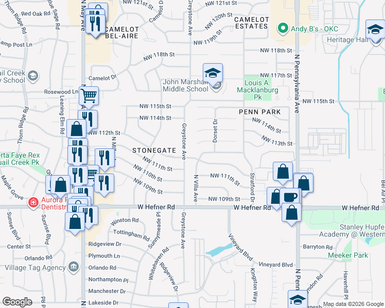 map of restaurants, bars, coffee shops, grocery stores, and more near 11316 Greystone Avenue in Oklahoma City