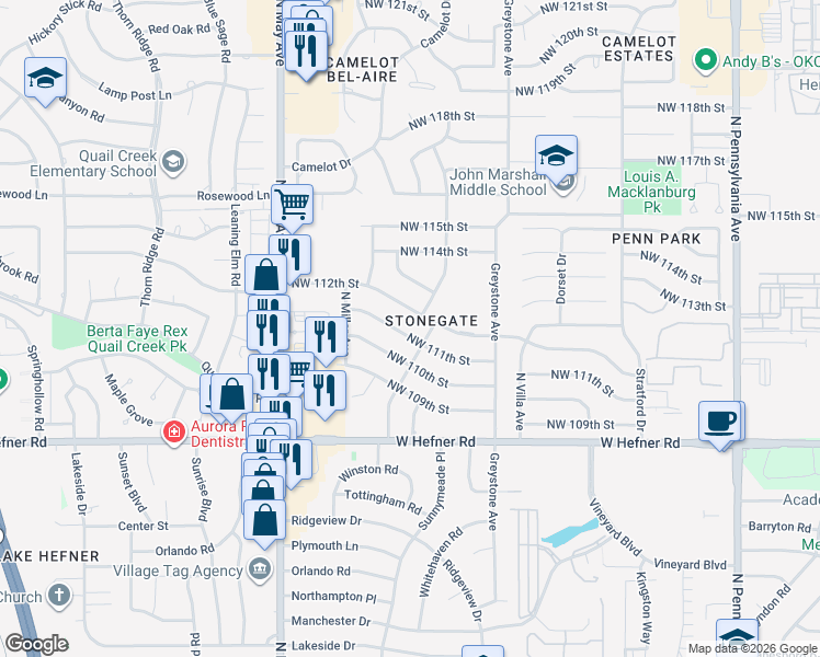 map of restaurants, bars, coffee shops, grocery stores, and more near 2601 Northwest 112th Street in Oklahoma City