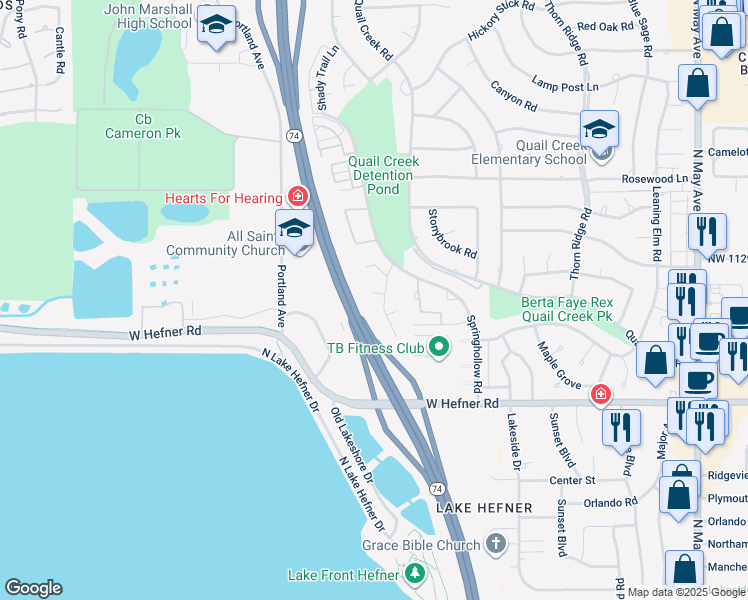 map of restaurants, bars, coffee shops, grocery stores, and more near 3504 Marston Circle in Oklahoma City