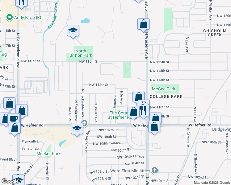 map of restaurants, bars, coffee shops, grocery stores, and more near 11222 University in Oklahoma City