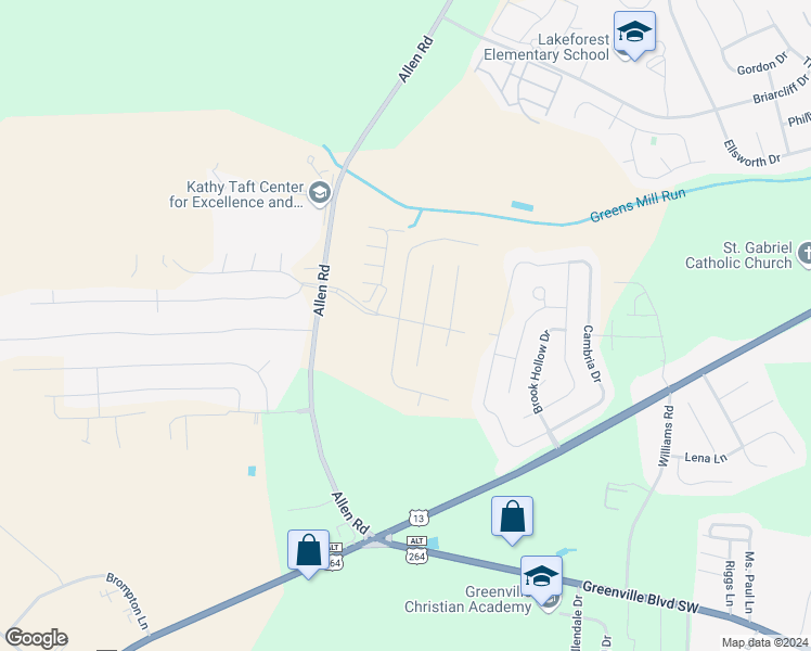 map of restaurants, bars, coffee shops, grocery stores, and more near 2201 Brookville Drive in Greenville