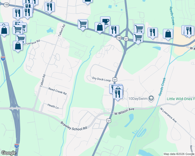 map of restaurants, bars, coffee shops, grocery stores, and more near 209 Dry Dock Loop in Mooresville
