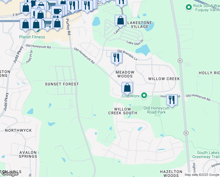 map of restaurants, bars, coffee shops, grocery stores, and more near 1616 Southcross Street in Fuquay Varina