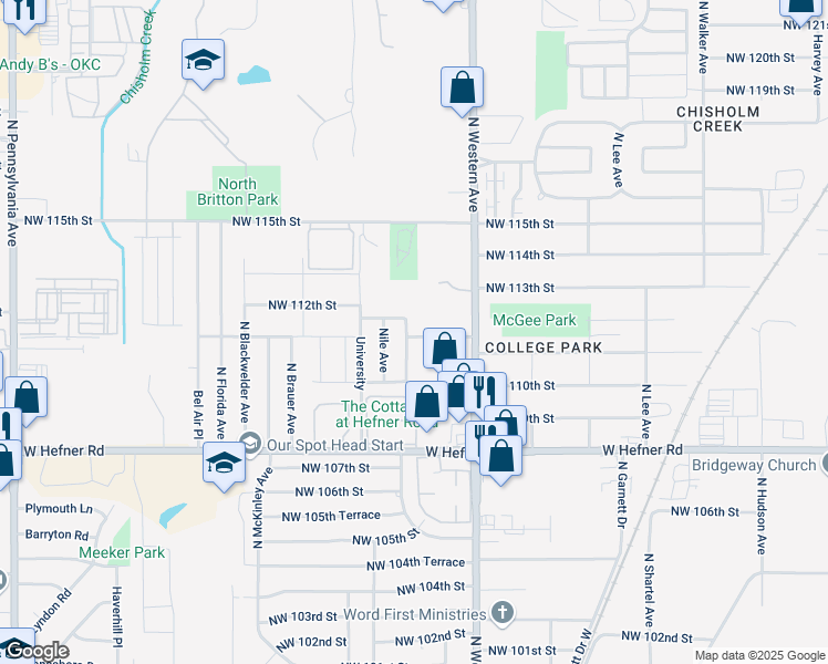 map of restaurants, bars, coffee shops, grocery stores, and more near 11228 Queen Anne Avenue in Oklahoma City