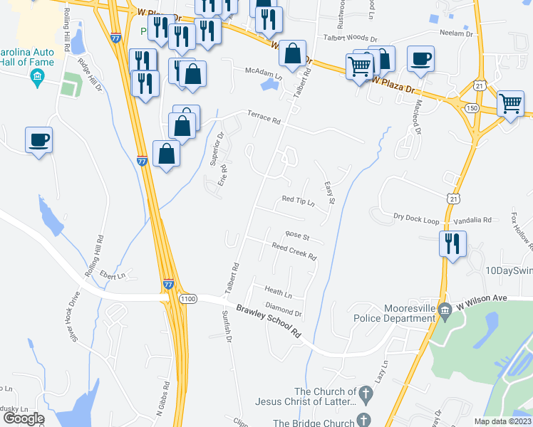 map of restaurants, bars, coffee shops, grocery stores, and more near 110 Meadow Pond Lane in Mooresville
