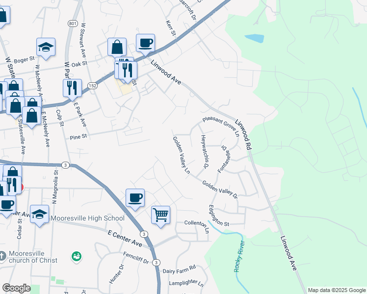 map of restaurants, bars, coffee shops, grocery stores, and more near 232 Golden Valley Drive in Mooresville
