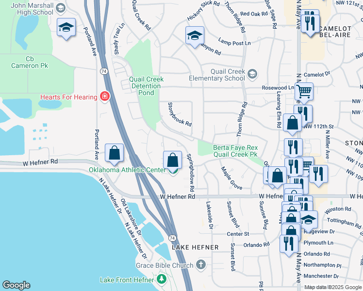 map of restaurants, bars, coffee shops, grocery stores, and more near 11119 Springhollow Road in Oklahoma City