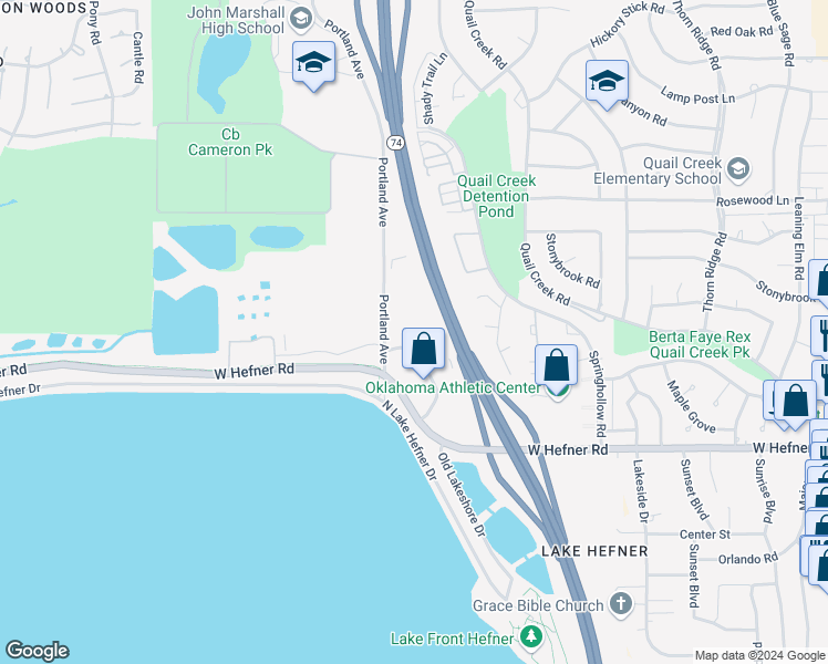 map of restaurants, bars, coffee shops, grocery stores, and more near 11200 Portland Avenue in Oklahoma City