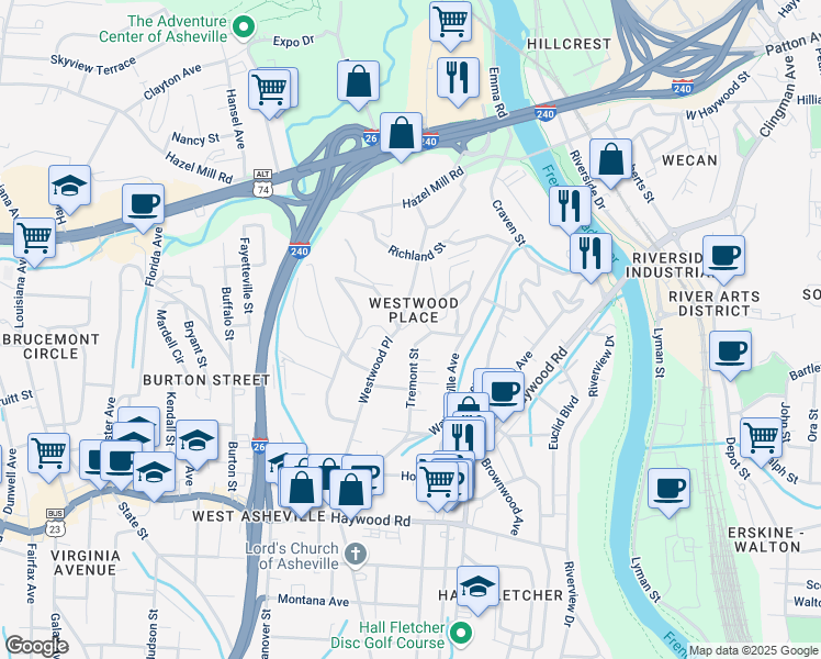 map of restaurants, bars, coffee shops, grocery stores, and more near 50 Millbrook Road in Asheville